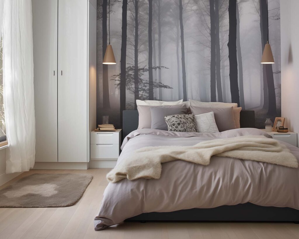 Modernes Schlafzimmer mit Waldtapete und weichen Textilien – beruhigender Rückzugsort für erholsamen Schlaf.