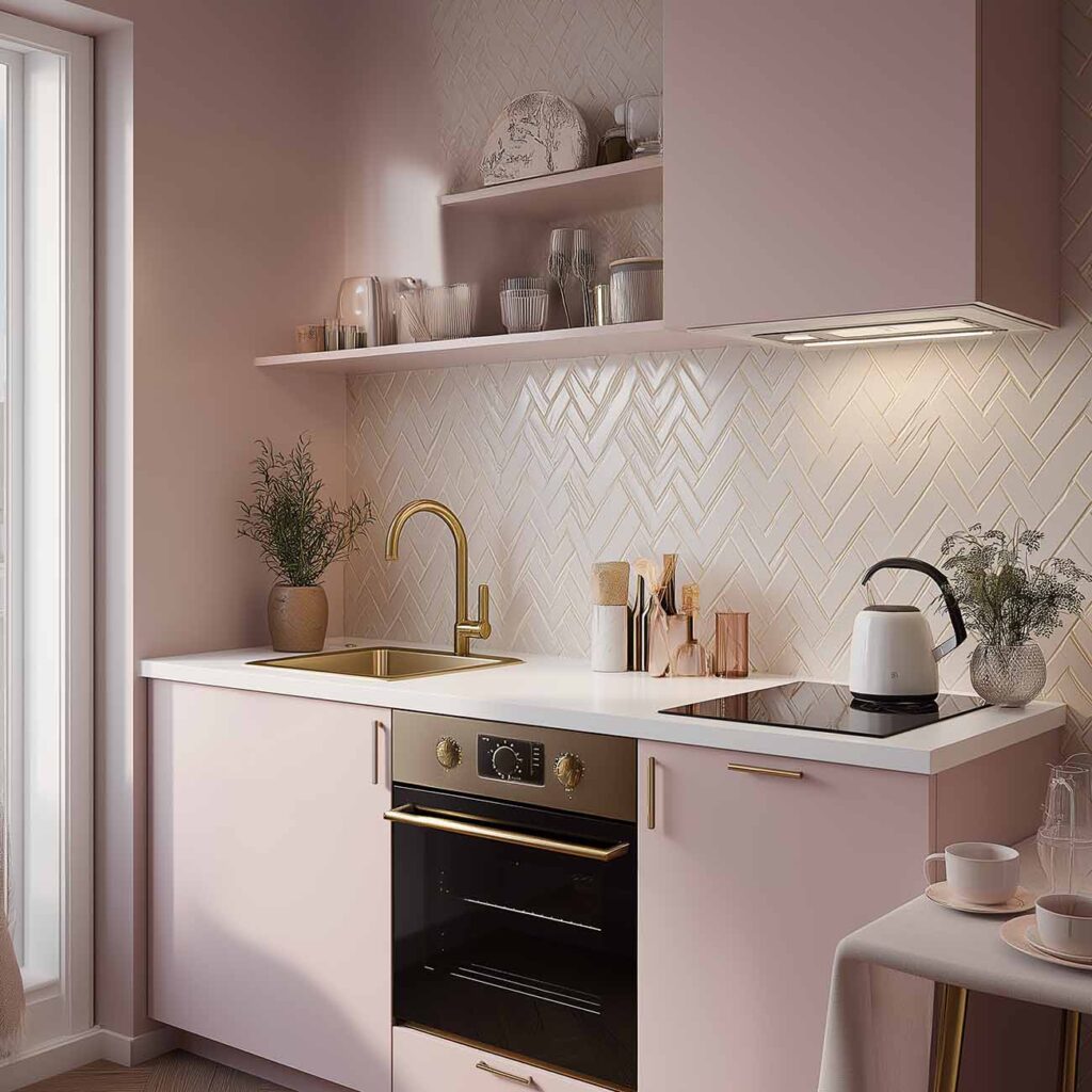 Kompakte Küche in Rosa mit goldenen Details – moderner Rückzugsort für Genussmomente zuhause.