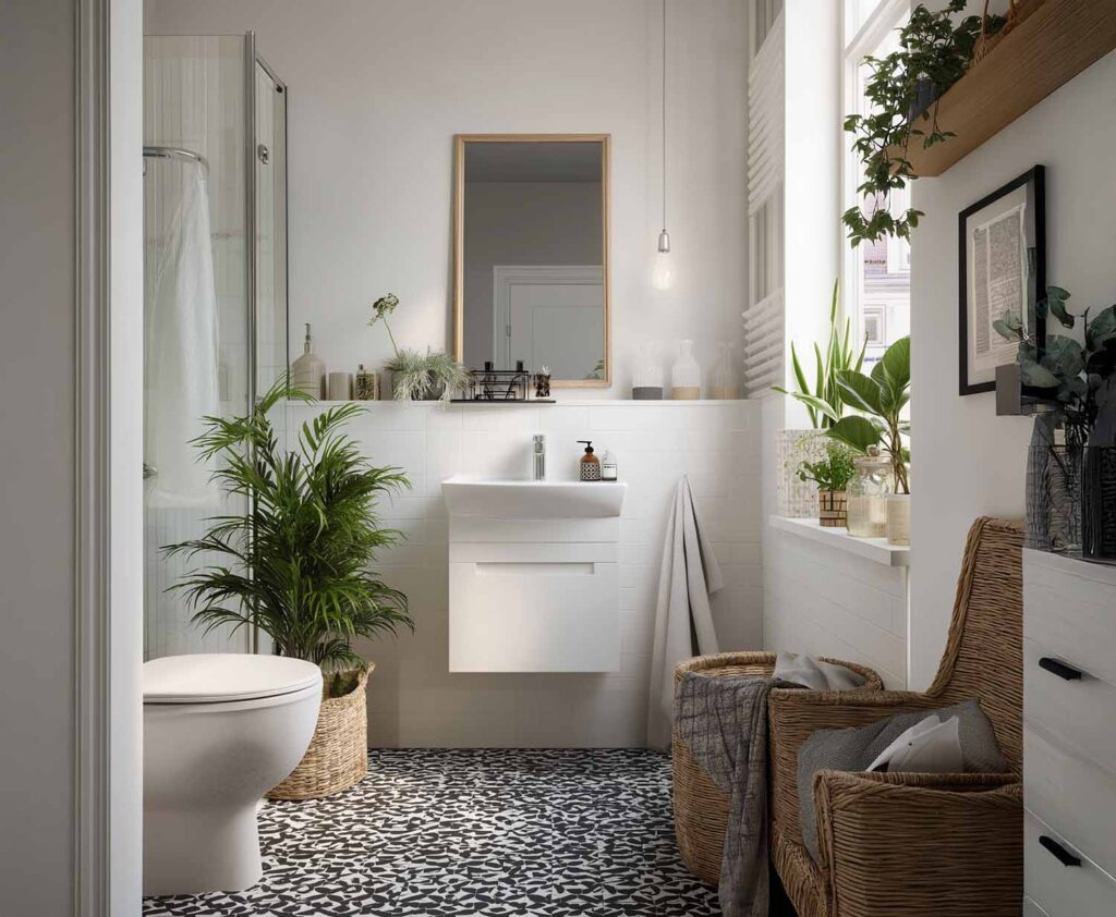 Helles Badezimmer im Boho-Stil mit Pflanzen und gemustertem Boden – natürlicher Rückzugsort für Ruhe und Pflege.