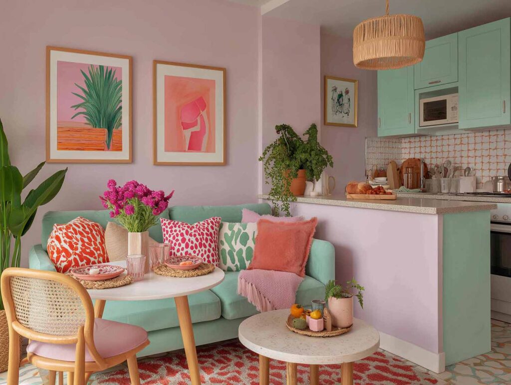 Bunte Wohnküche mit pastellgrünem Sofa, bunten Kissen und Esstisch – farbenfroher Rückzugsort voller Lebensfreude.