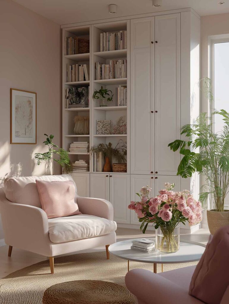 Helles Wohnzimmer mit rosa Sessel, Bücherregal und Blumen – ruhiger Rückzugsort zum Lesen und Entspannen.