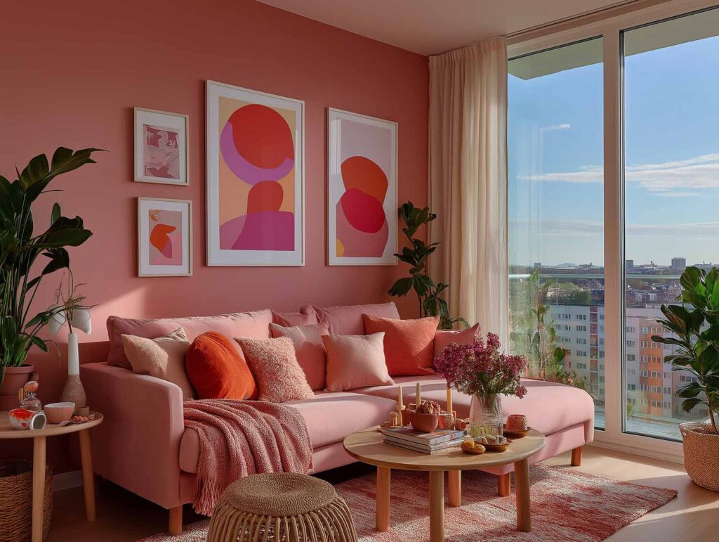 Modernes Wohnzimmer mit rosa Sofa, großen Fenstern und kräftigen Farben – lebendiger Rückzugsort mit Ausblick.