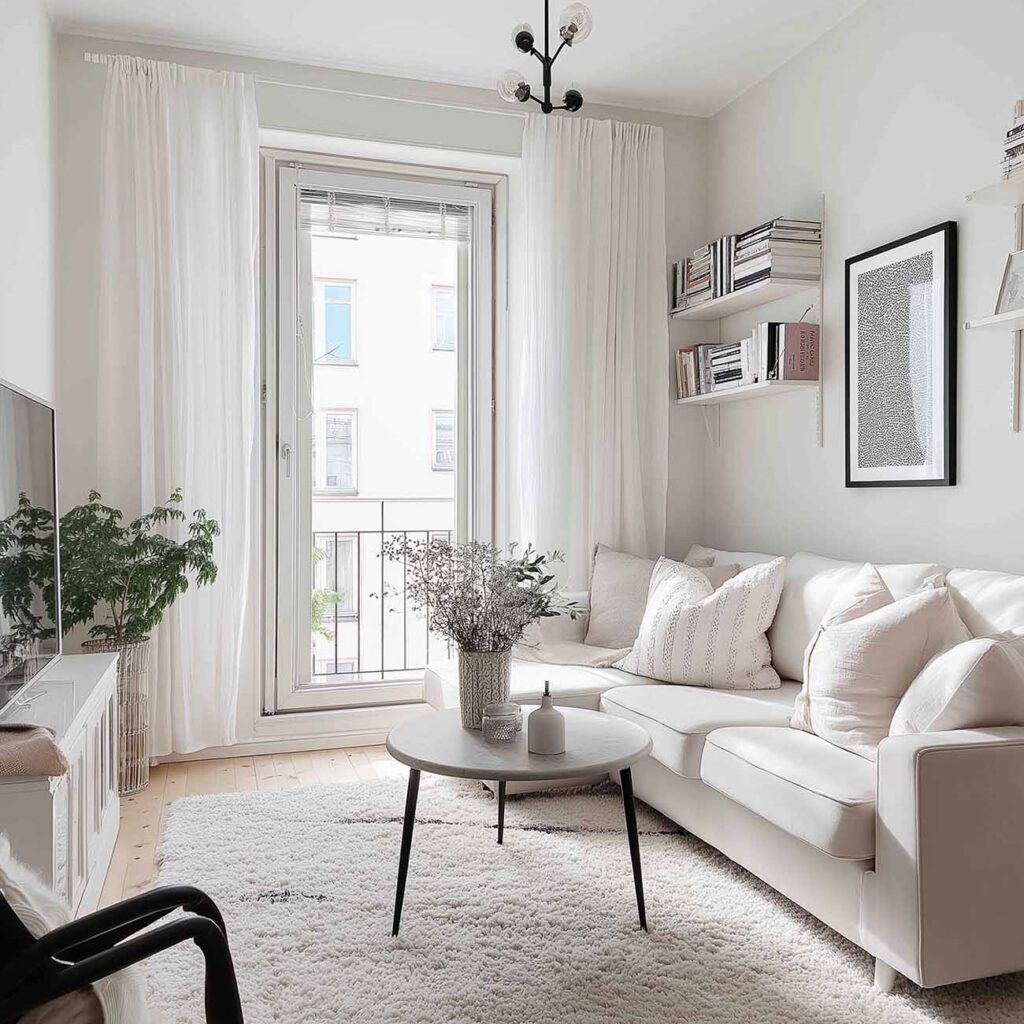 Minimalistisches Wohnzimmer in Weiß mit Sofa, Teppich und großen Fenstern – klarer Rückzugsort für innere Ruhe.