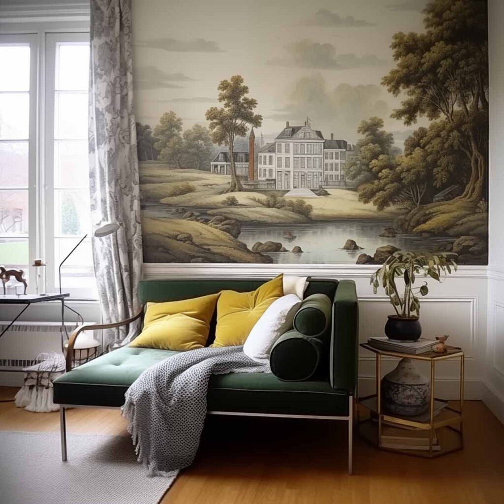 Wohnzimmer mit grünem Sofa und Wandgemälde – ein Rückzugsort mit ruhiger, fast märchenhafter Atmosphäre.