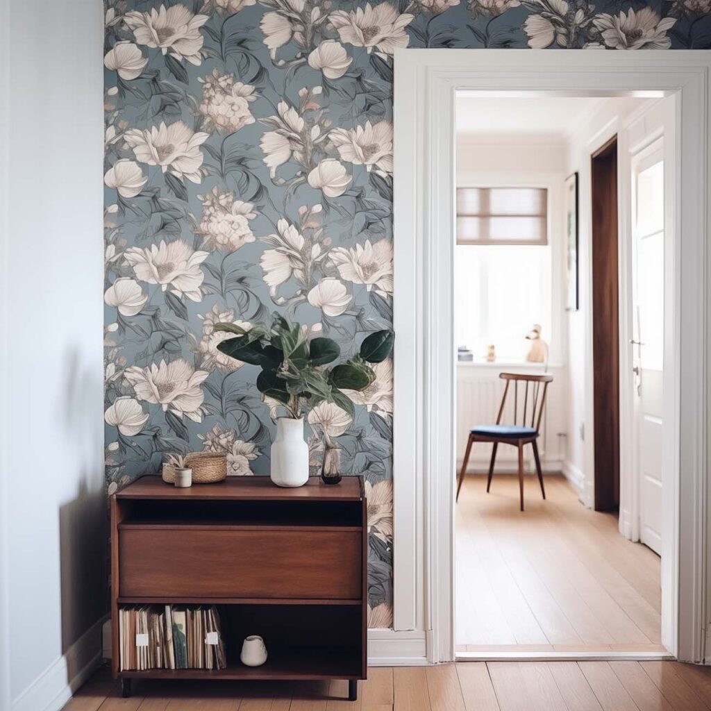 Kleiner Flur mit blauer Blumentapete, Holzkommode und Pflanzen – wohnlicher Rückzugsort voller Charakter.