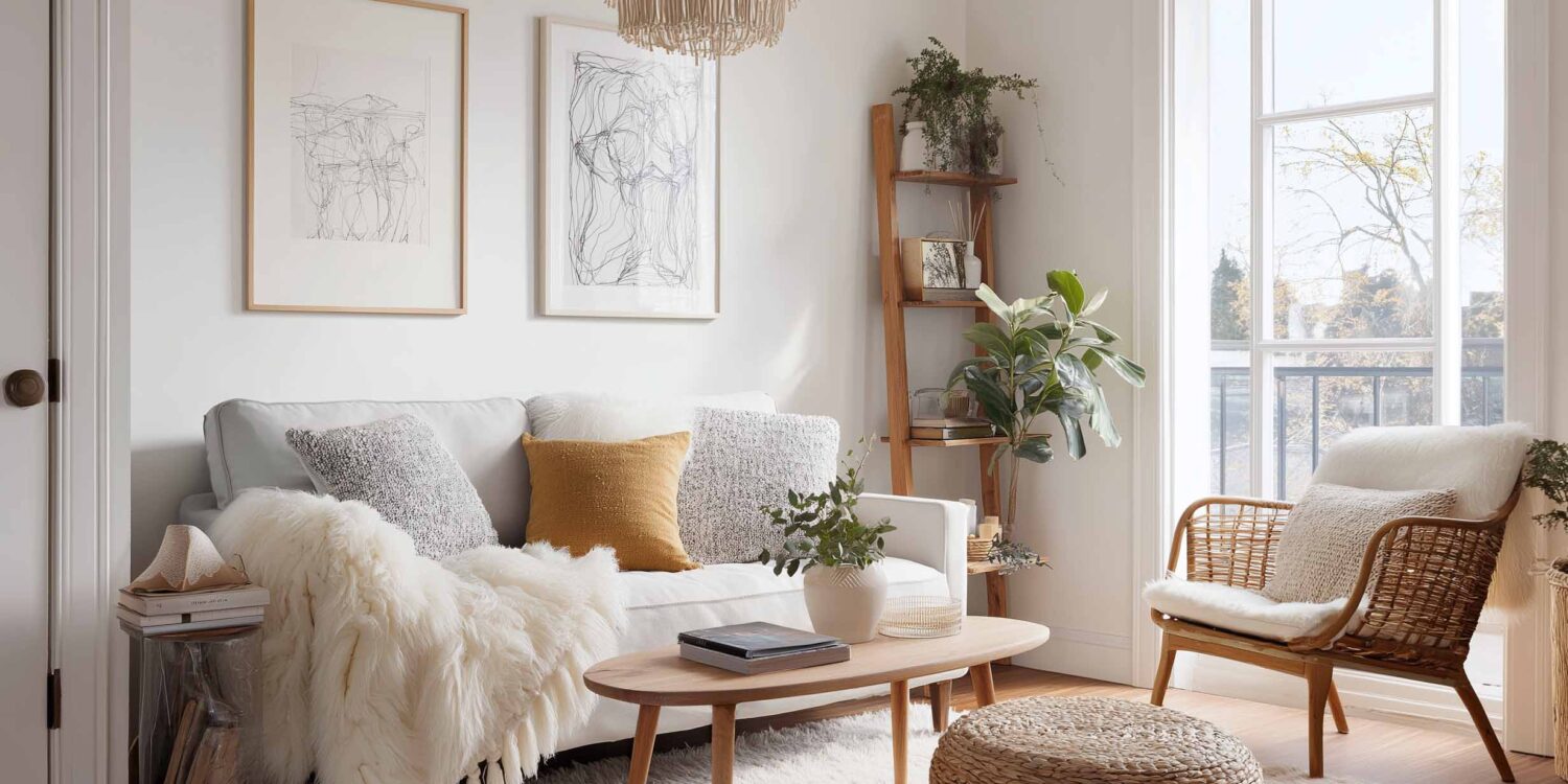 Gemütliches Wohnzimmer im Skandi-Stil mit Sofa in hellem Farbton, Naturmaterialien und Pflanzen – einladender Rückzugsort voller Ruhe.