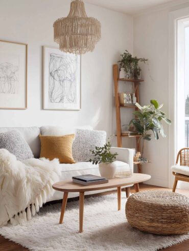 Gemütliches Wohnzimmer im Skandi-Stil mit Sofa in hellem Farbton, Naturmaterialien und Pflanzen – einladender Rückzugsort voller Ruhe.