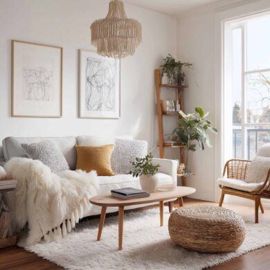 Gemütliches Wohnzimmer im Skandi-Stil mit Sofa in hellem Farbton, Naturmaterialien und Pflanzen – einladender Rückzugsort voller Ruhe.
