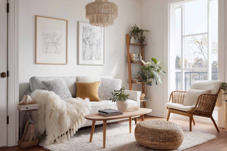 Gemütliches Wohnzimmer im Skandi-Stil mit Sofa in hellem Farbton, Naturmaterialien und Pflanzen – einladender Rückzugsort voller Ruhe.
