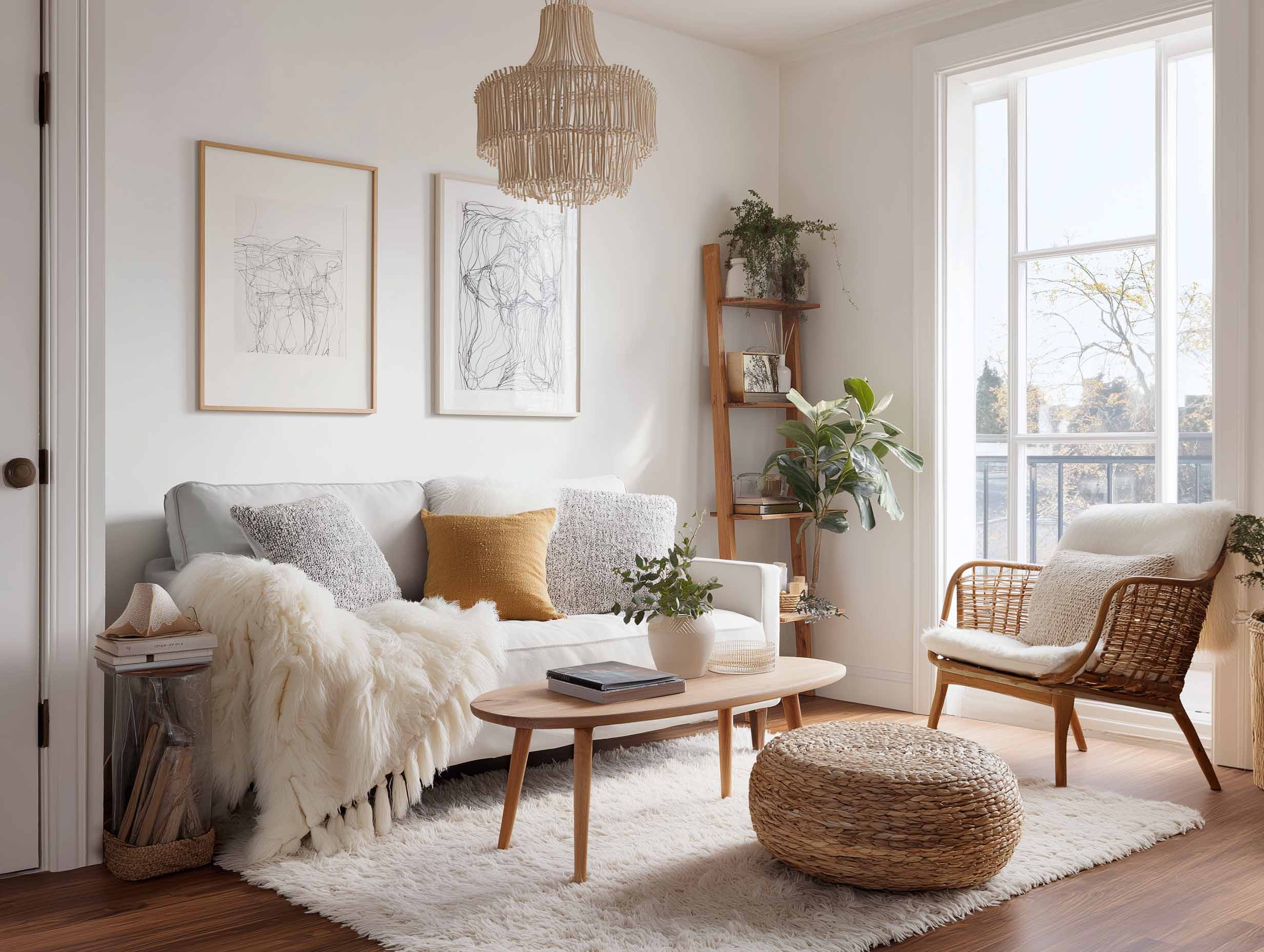 Gemütliches Wohnzimmer im Skandi-Stil mit Sofa in hellem Farbton, Naturmaterialien und Pflanzen – einladender Rückzugsort voller Ruhe.