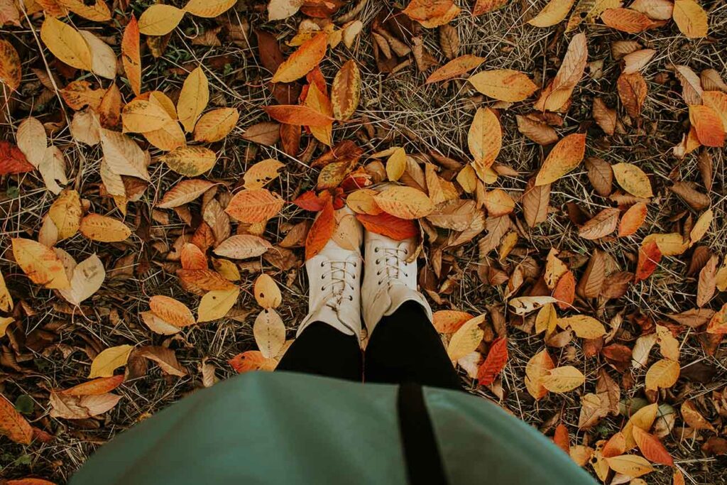 Herbstliche Szene mit weißen Sneakern auf buntem Laubteppich