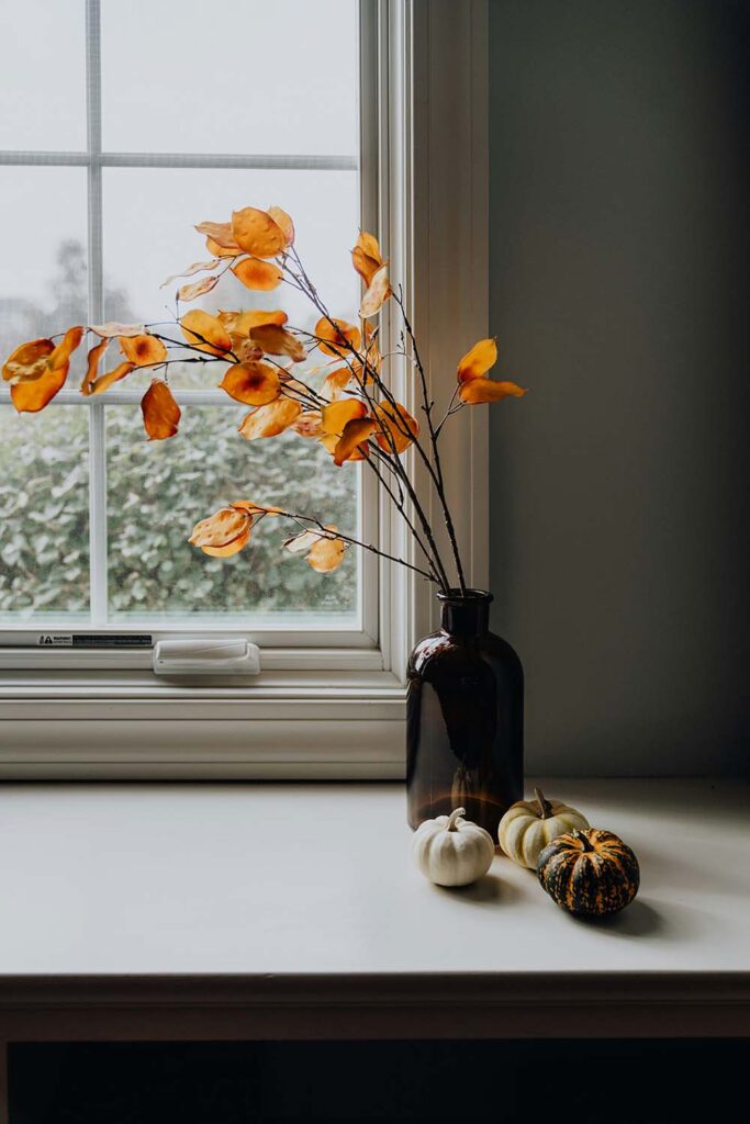 Herbstliche Deko für kleine Wohnungen mit brauner Vase, orangenen Blättern und kleinen Kürbissen