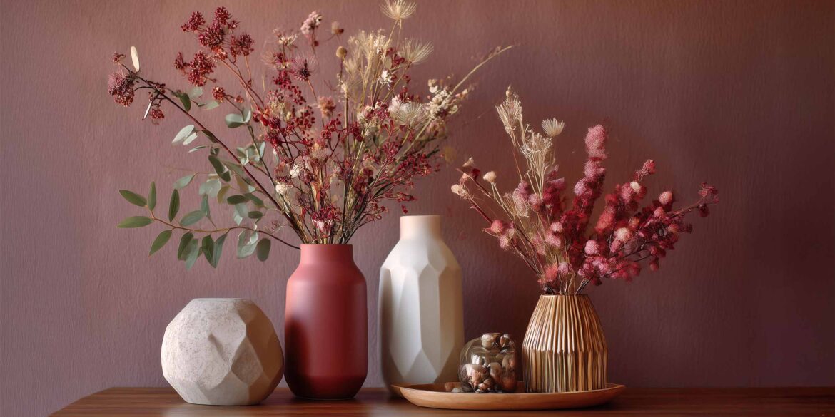 Stillleben mit herbstlichen Trockenblumen in dekorativen Vasen in Beige und Rot auf Holzkommode: Herbstliche Deko für kleine Wohnungen