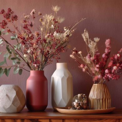 Stillleben mit herbstlichen Trockenblumen in dekorativen Vasen in Beige und Rot auf Holzkommode: Herbstliche Deko für kleine Wohnungen