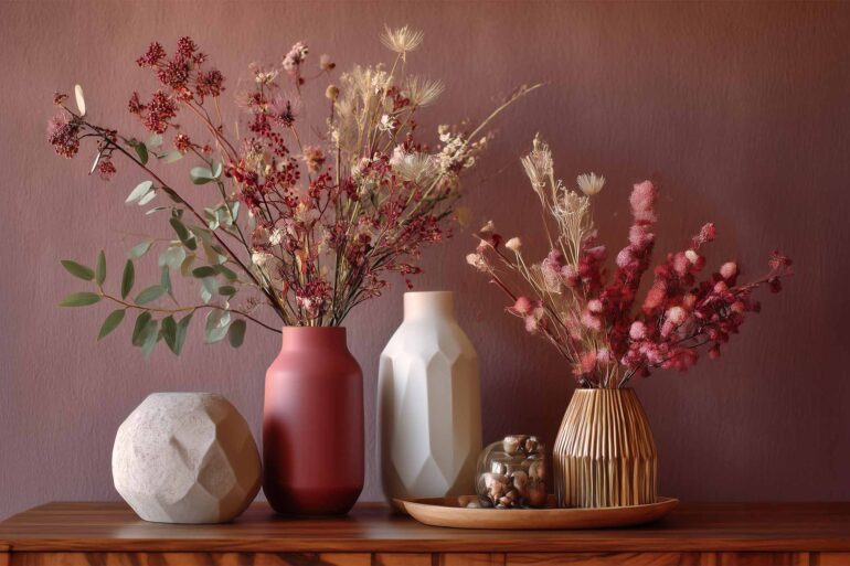 Stillleben mit herbstlichen Trockenblumen in dekorativen Vasen in Beige und Rot auf Holzkommode: Herbstliche Deko für kleine Wohnungen