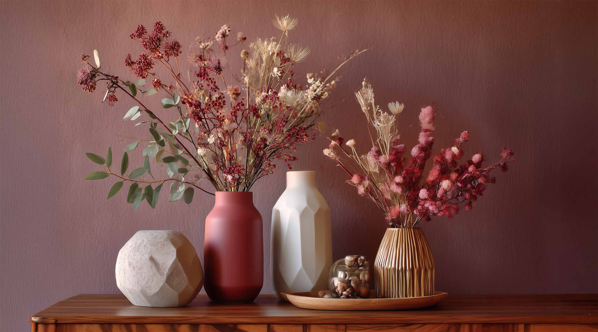 Stillleben mit herbstlichen Trockenblumen in dekorativen Vasen in Beige und Rot auf Holzkommode: Herbstliche Deko für kleine Wohnungen