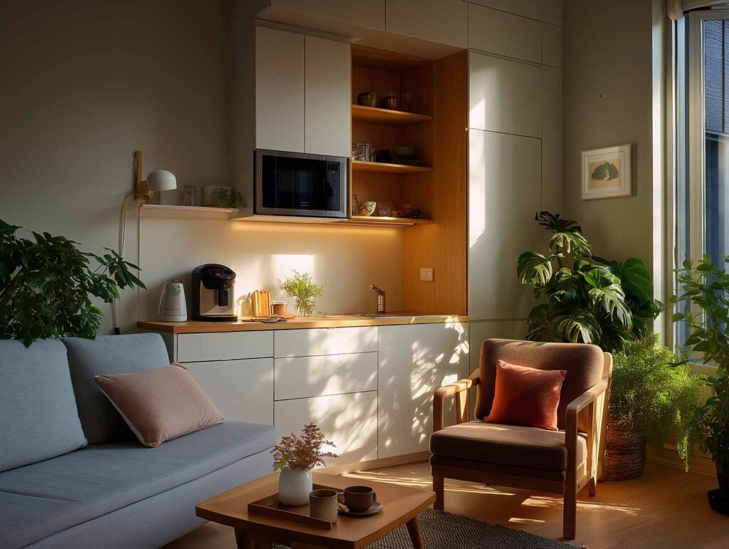 Kleine Küche im Studio-Apartment mit eingebauter Küchenzeile, hellen Fronten und viel Grün: stilvolle Einrichtungsidee für wenig Platz