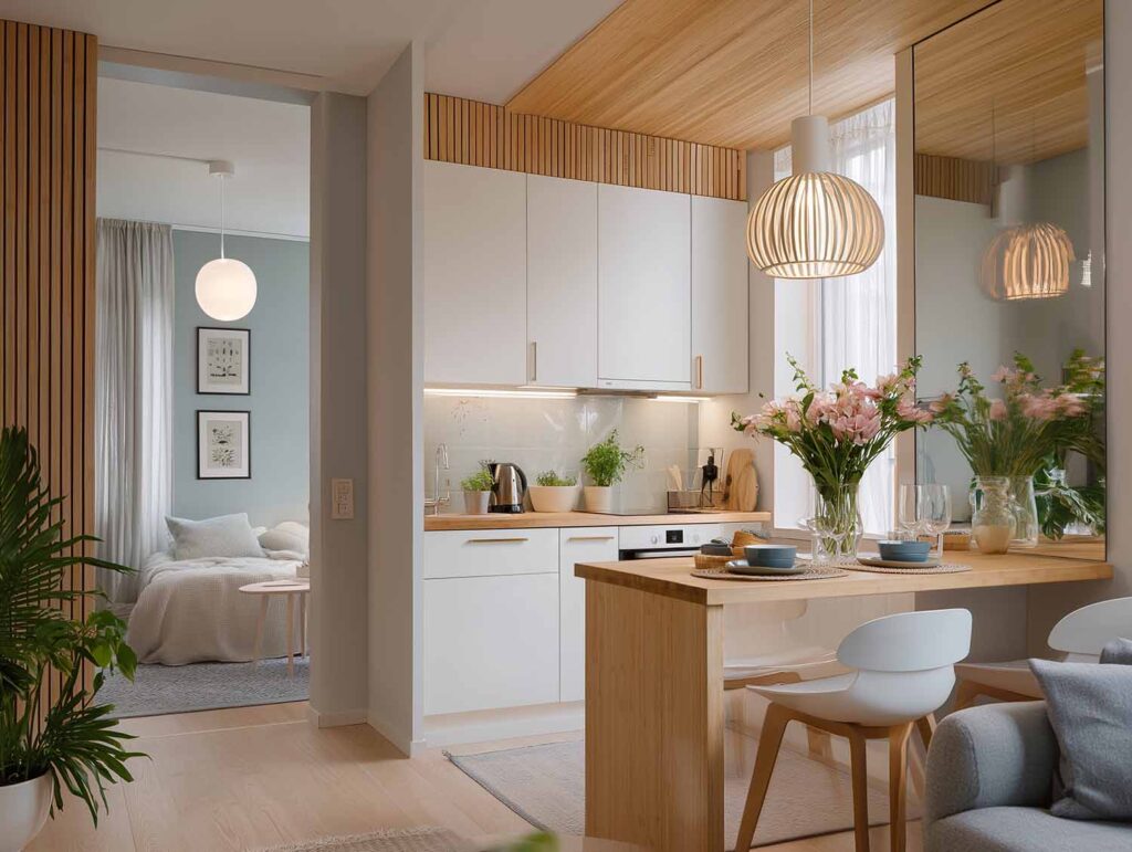 Kleine Küche im skandinavischen Stil mit Esstisch: helle Materialien und Stauraumideen für Studio-Apartments