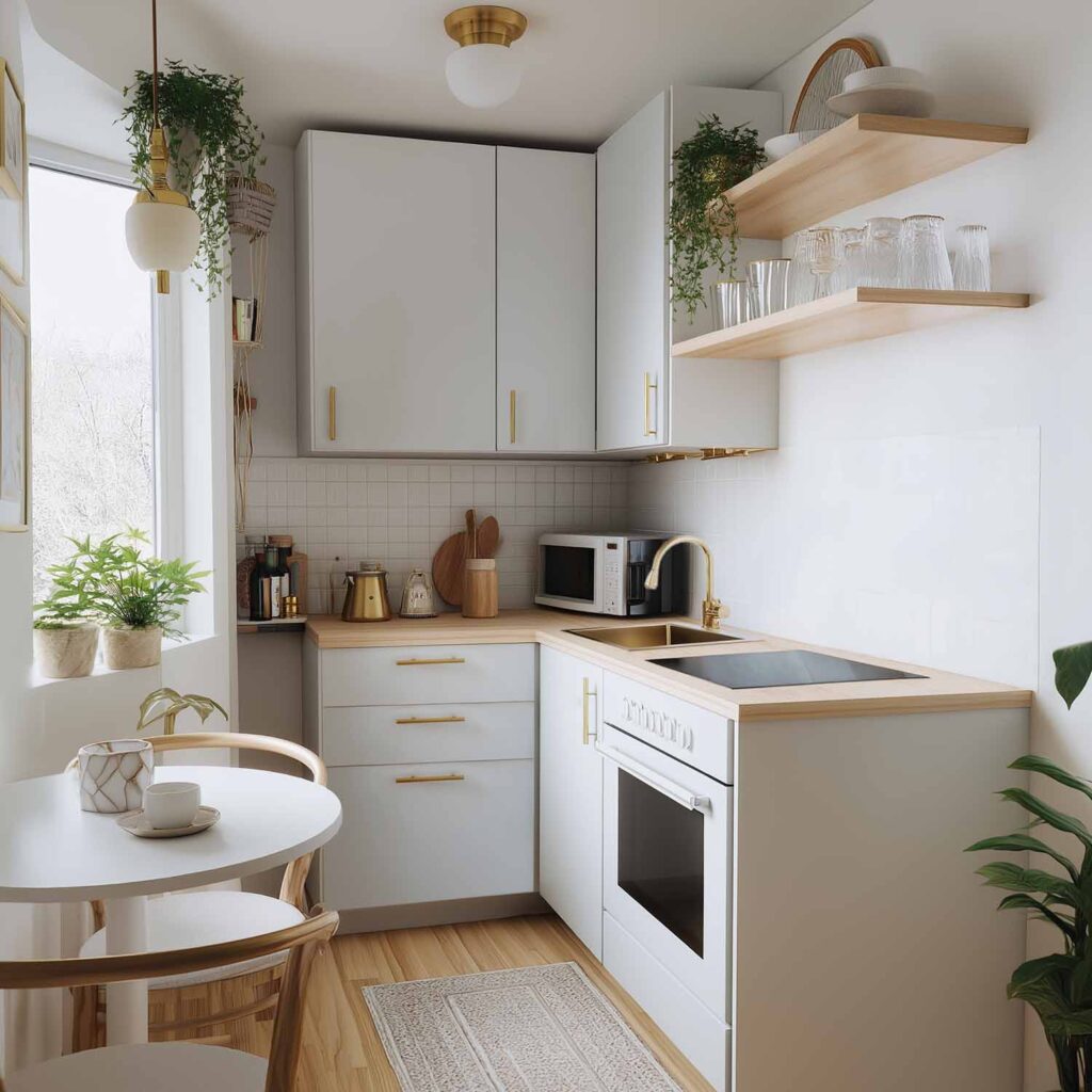 Kleine Küche im L-Format mit weißer Front, goldenen Griffen und kleinem Essplatz am Fenster: stilvolle Einrichtungsidee für wenig Platz