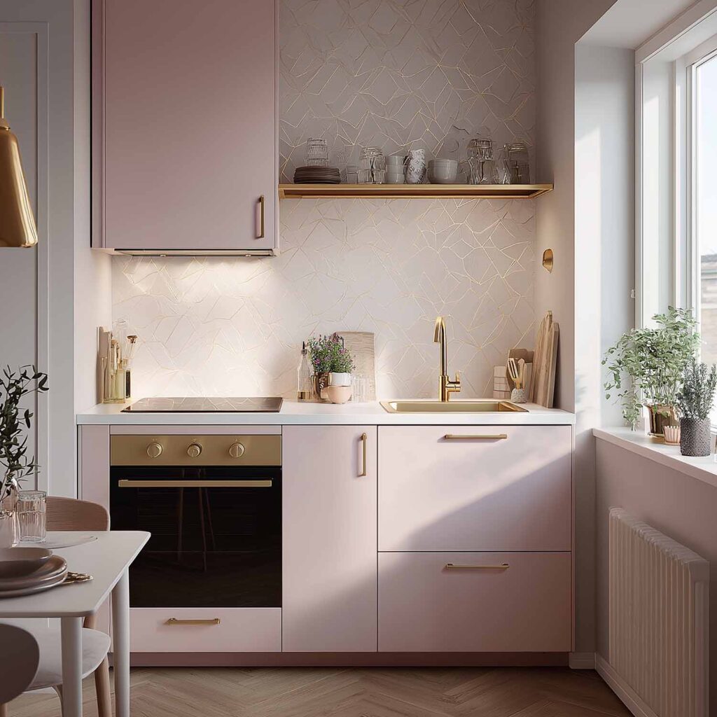 Kleine Küche in zarten Rosatönen mit goldenen Akzenten und offener Ablage: moderne und feminine Einrichtung für kleine Räume