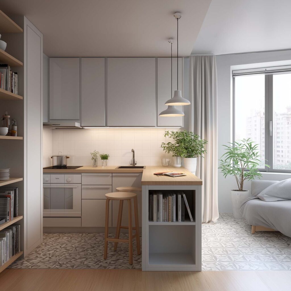 Kleine Küche mit Kochinsel und Sitzplatz im Studio-Apartment: Stauraum und Essbereich kombiniert auf engem Raum