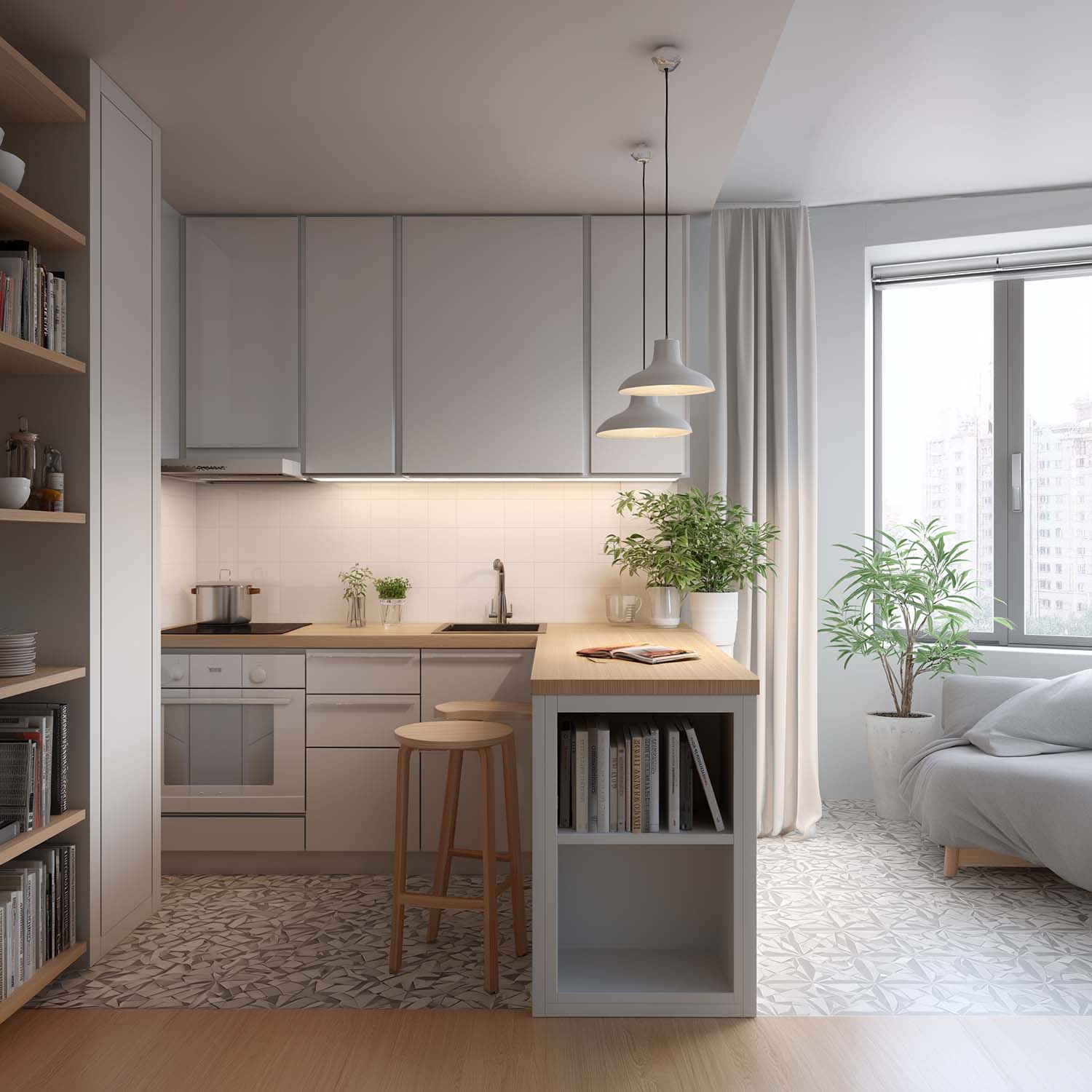 Kleine Küche mit Kochinsel und Sitzplatz im Studio-Apartment: Stauraum und Essbereich kombiniert auf engem Raum