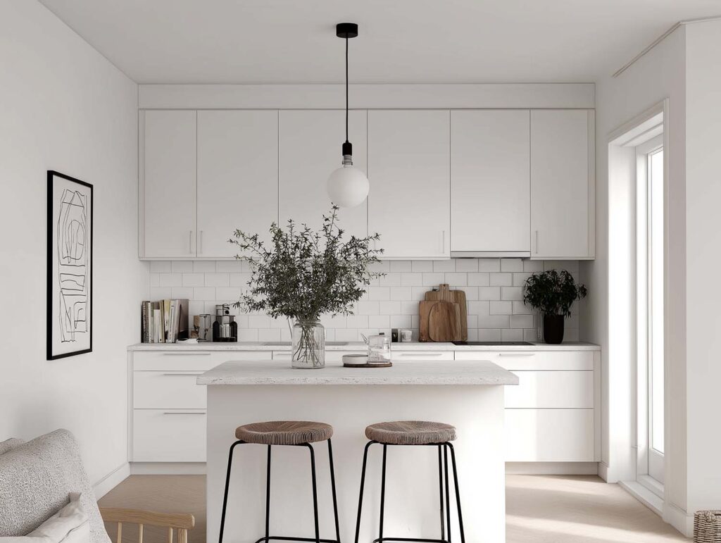 Weiße kleine Küche mit Kochinsel und Barhockern: minimalistische und funktionale Lösung für kleine Räume