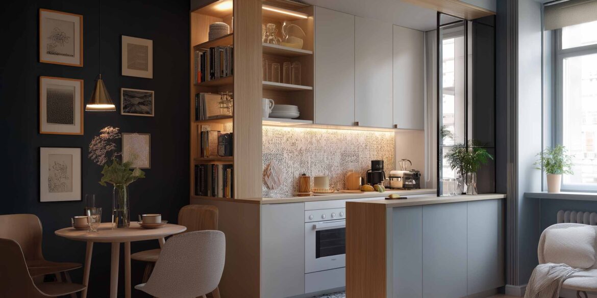 Kleine Küche mit Küchenblock und Regalen als Raumtrenner: platzsparende Lösung für Studio-Apartments