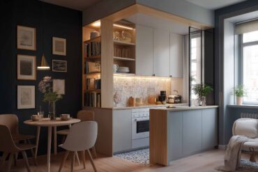 Kleine Küche mit Küchenblock und Regalen als Raumtrenner: platzsparende Lösung für Studio-Apartments