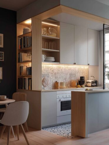 Kleine Küche mit Küchenblock und Regalen als Raumtrenner: platzsparende Lösung für Studio-Apartments