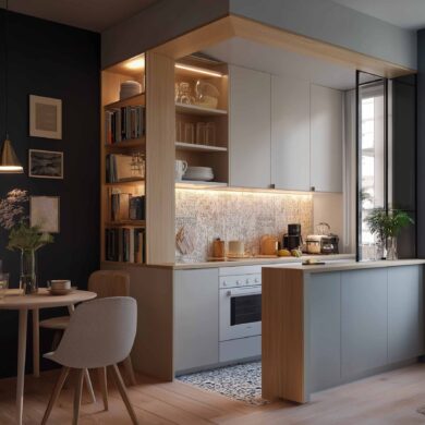 Kleine Küche mit Küchenblock und Regalen als Raumtrenner: platzsparende Lösung für Studio-Apartments
