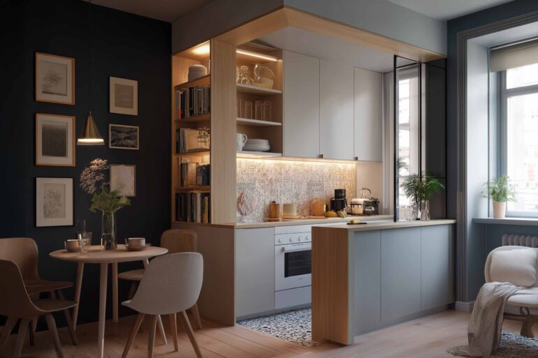 Kleine Küche mit Küchenblock und Regalen als Raumtrenner: platzsparende Lösung für Studio-Apartments
