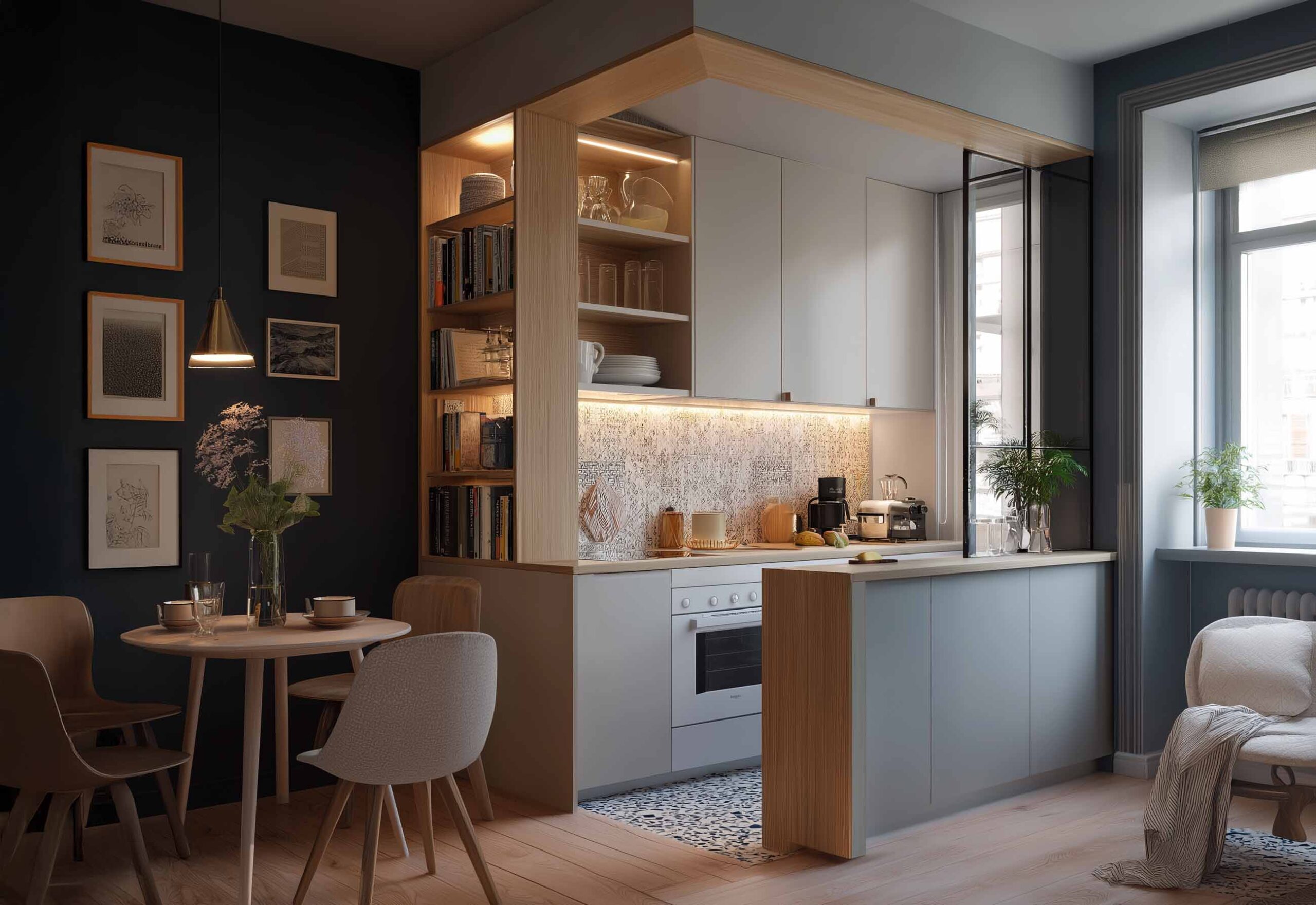 Kleine Küche mit Küchenblock und Regalen als Raumtrenner: platzsparende Lösung für Studio-Apartments