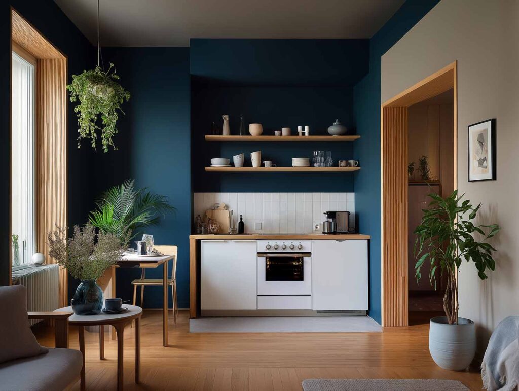 Kleine schlichte Küche in Weiß, umrandet von dunkelblauen Wänden mit offenen Holzregalen. Moderne Einrichtungsidee für Stadtwohnungen