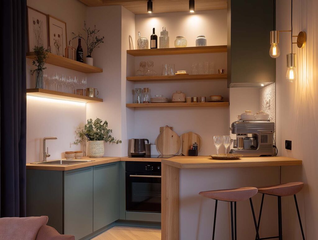 Kleine L-förmige Küche im Bistro-Stil in Dunkelblau mit Holzdetails und warmem Licht.