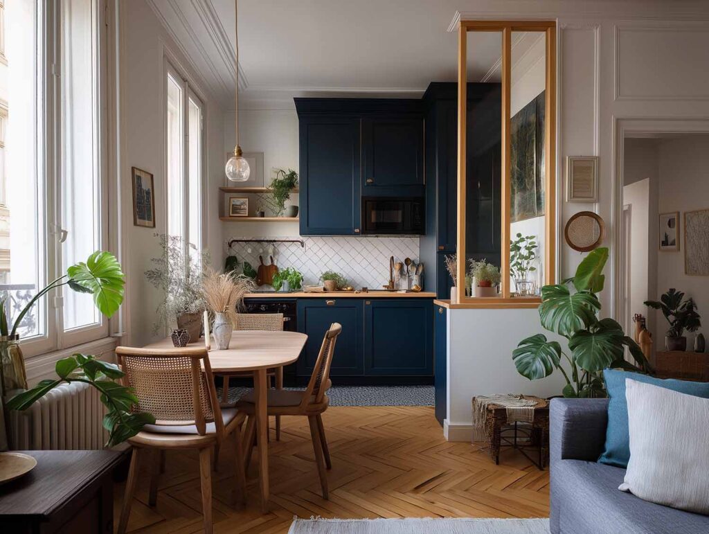 Dunkelblaue Küche mit weißen Wänden, hellen Holzmöbeln und Pflanzen in einer Altbauwohnung