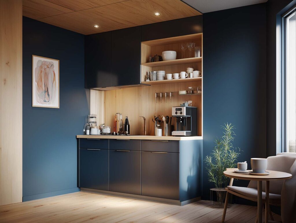 Kleine minimalistische Küche in Dunkelblau mit Holzverkleidung, offenen Regalen und gemütlicher Sitzecke am Fenster