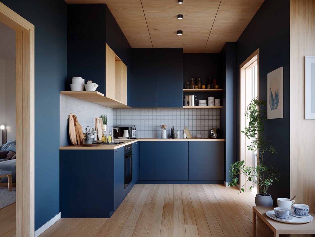 Moderne kleine Küche in Dunkelblau mit Holzfronten, heller Rückwand und minimalistischer Einrichtung