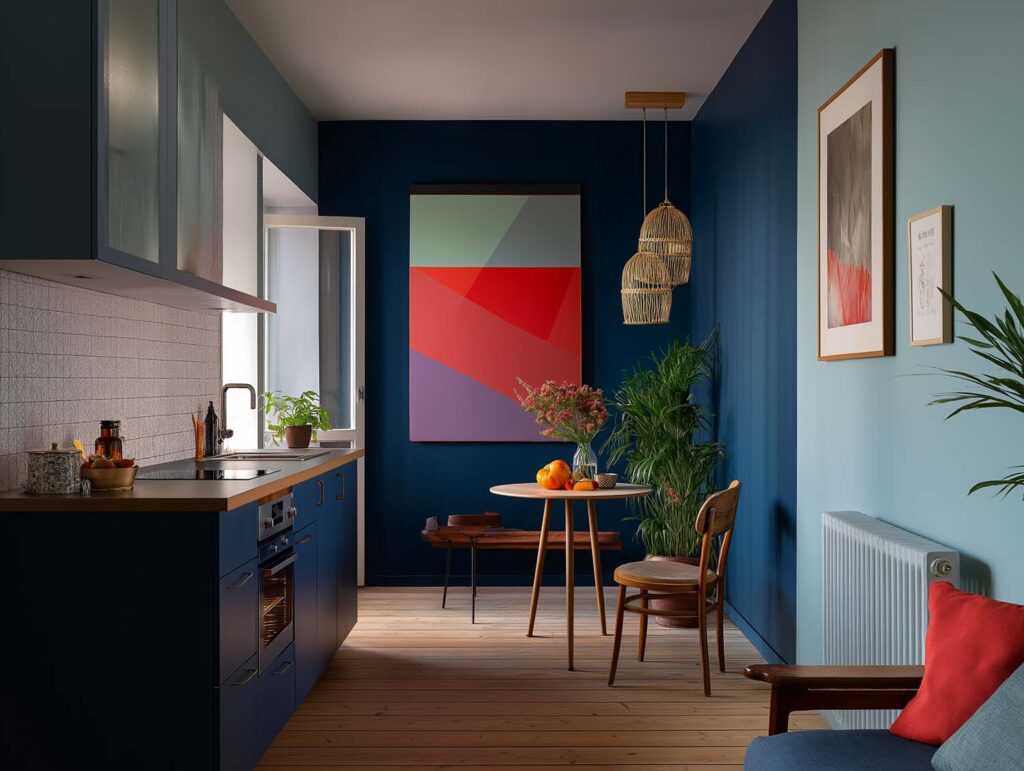 Schmale kleine Küche in Dunkelblau mit buntem Wandbild, Holzdetails und gemütlichem Essplatz am Fenster