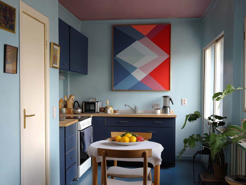 Kleine Küche mit dunkelblauen Fronten und hellblauen Wänden, farbigem Kunstwerk und Holzdetails auf engem Raum