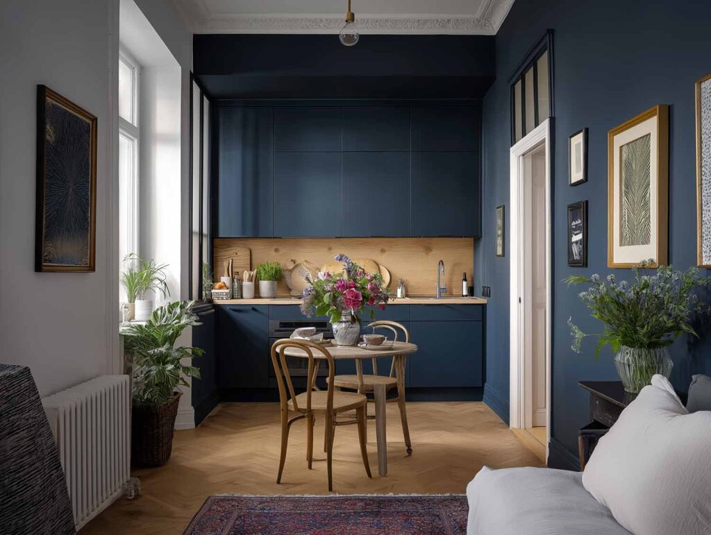 Dunkelblaue Einbauküche mit Holzarbeitsplatte, die umgebenden Wände sind im selben Dunkelblau gestrichen, so dass sich die Küche nahtlos einfügt.