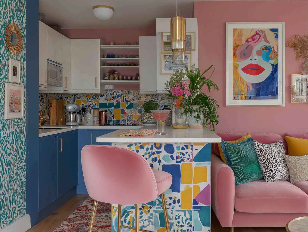 Bunte kleine Küche mit dunkelblauen Fronten und pinken Wänden, farbenfrohen Fliesen im modernen Dopamin-Decor-Look