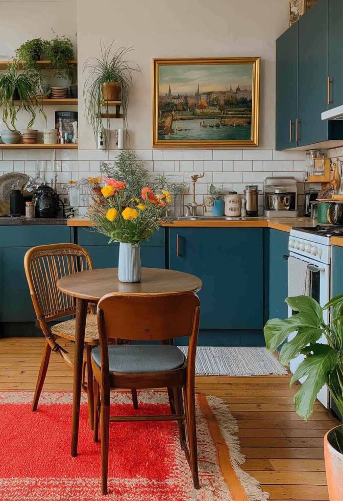 Dunkelblaue Küche mit Holzelementen, weißen Fliesen und Pflanzen – gemütliche Wohnküche mit Vintage-Charme