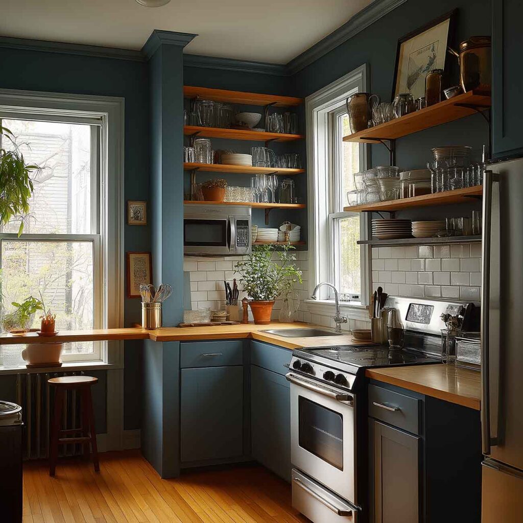 Kleine Küche mit dunkelblauen Schränken, hellen Metro-Fliesen und Holzregalen – stilvoll eingerichteter Altbau