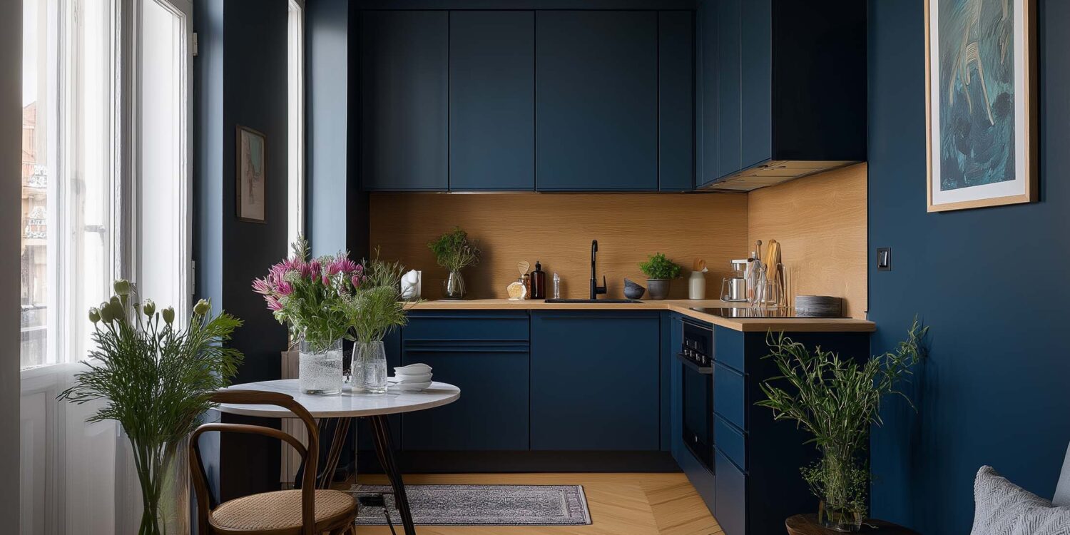 Kleine Küche in Dunkelblau mit Holzarbeitsplatte, großen Fenstern und kleinem runden Esstisch – stilvolle Einrichtungsidee für Stadtwohnungen