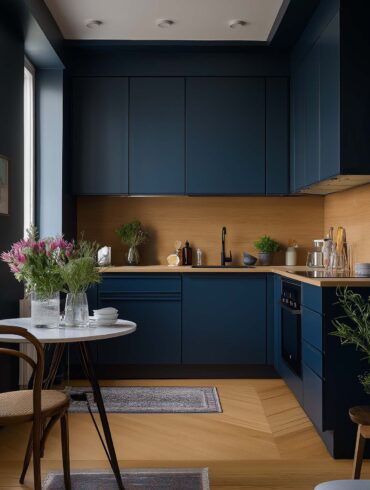 Kleine Küche in Dunkelblau mit Holzarbeitsplatte, großen Fenstern und kleinem runden Esstisch – stilvolle Einrichtungsidee für Stadtwohnungen