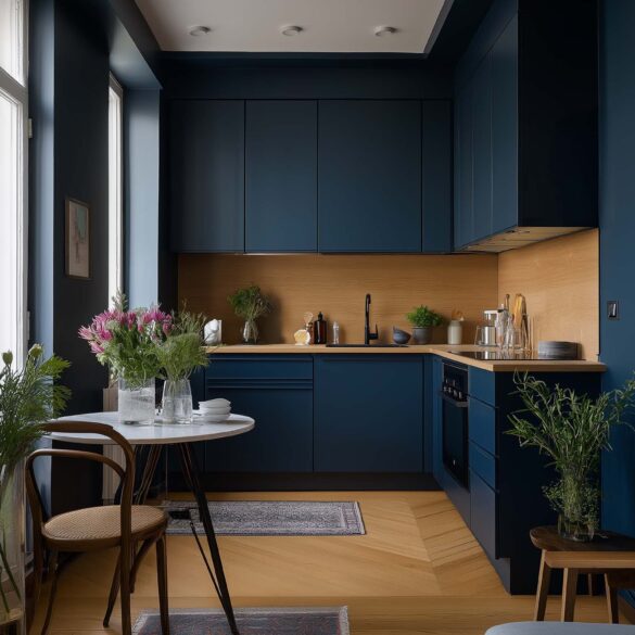 Small kitchen in dark blue with a wooden countertop, large windows, and a small round dining table—a stylish design idea for city apartments