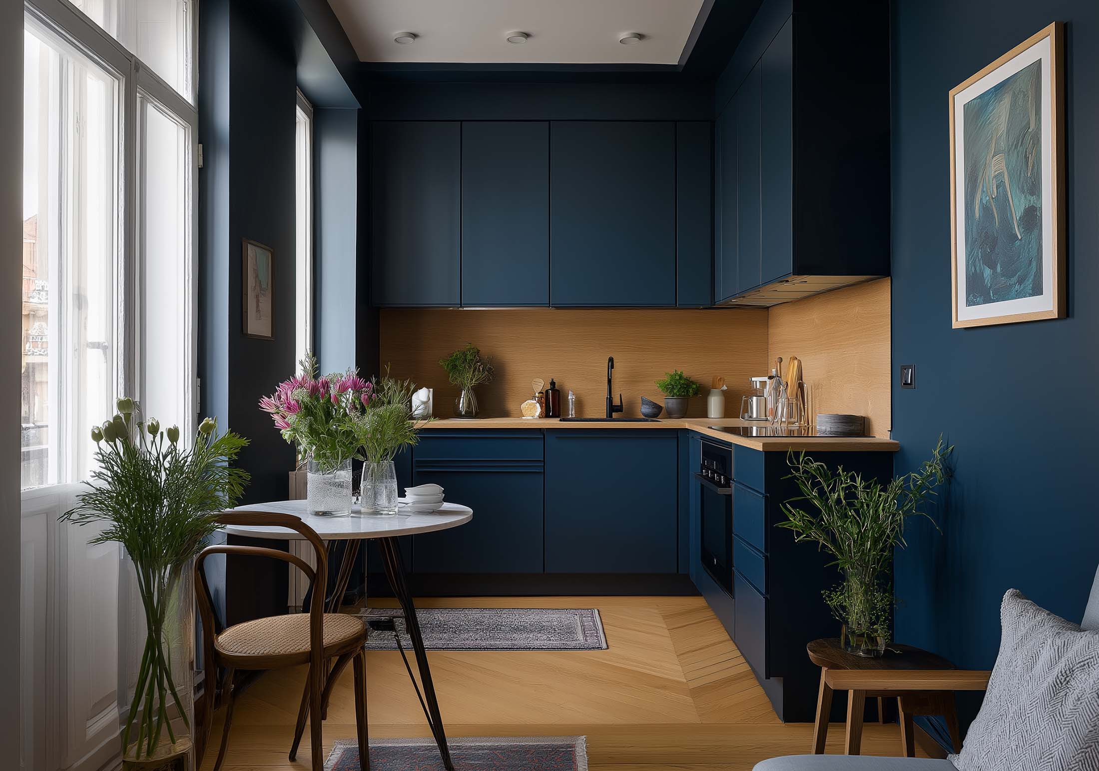 Kleine Küche in Dunkelblau mit Holzarbeitsplatte, großen Fenstern und kleinem runden Esstisch – stilvolle Einrichtungsidee für Stadtwohnungen