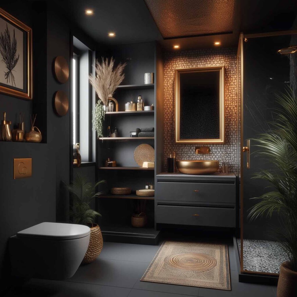 Dunkles luxuriöses Bad mit goldenen Akzenten und stimmungsvoller Beleuchtung