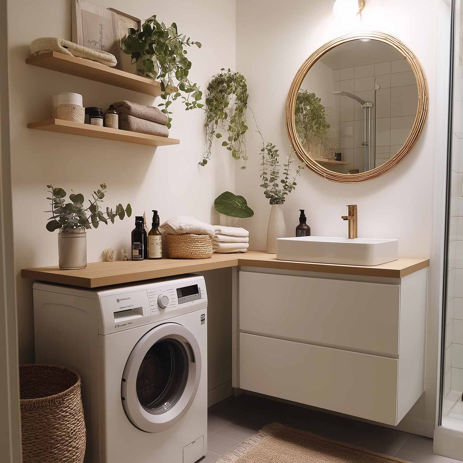 Helles kleines Bad mit Regalen aus Holz, runden Spiegel und grauem Fliesenboden – natürliche Atmosphäre mit Pflanzen.